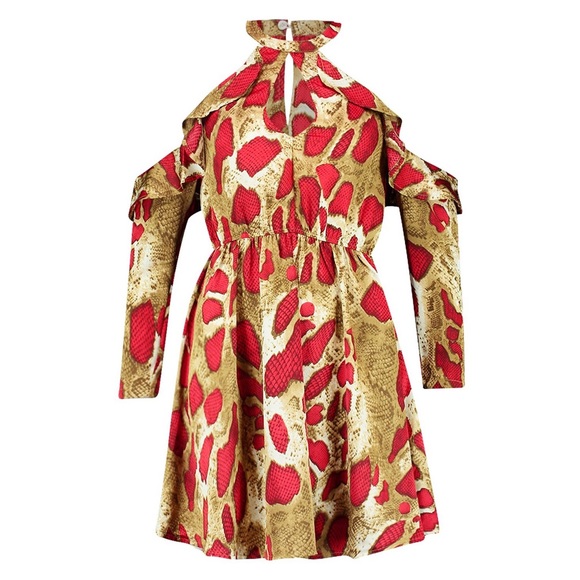 🆕 RED TAN SNAKE PRINT COLD SHOULDER SATIN DRESS - Picture 9 of 10